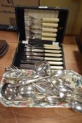 A box of bone handled fish knives and forks, an assortment of cutlery and a Royal Cauldon