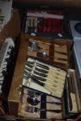 A collection of vintage boxed cutlery, including bone handled knives, spoons and fish knives etc.