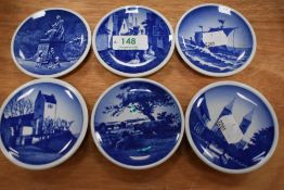 Six miniature Royal Copenhagen plates, having scenes of boast, buildings and statues etc.