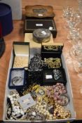 A selection of modern costume jewellery, A plated trinket box and an early 20th century treen box.