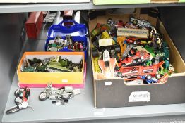 A shelf of playworn diecasts including, Corgi, Dinky, Matchbox, Military seen