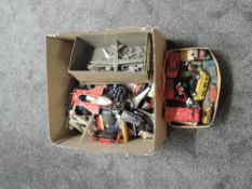 Two boxes of playworn diecasts including Dinky, Corgi, Tonka etc along with many made up plastic kit