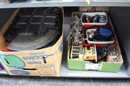 A shelf of Scalextric including Superstox Stick Shigter and Fender Bender Cars, earlier and later