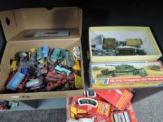 A collection of playworn diecasts including 616 Dinky AEC Artic Transporter with Chieftain Tank in