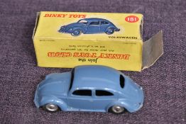 A Dinky diecast, 181 Volkswagen in RAF Blue, spun hubs, in original blue spot box missing one end