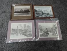 A pencil drawing by JS Gibb, Cart Lane Crossing, framed and glazed 29cm x 20cm, two mounted prints