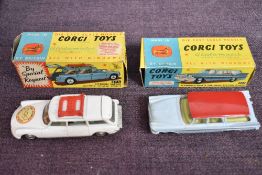 Two Corgi Toys diecasts, 445 Plymouth Sports Suburban Station Wagon in light blue with red roof