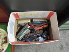 A box of playworn diecasts including modern Corgi, Matchbox Models of Yesteryear and similar along