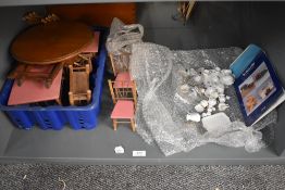 A shelf of mixed scale Doll's House Furniture and Accessories including part tea sets