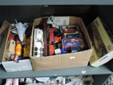 A shelf of mixed diecasts including Corgi Classics, boxed, Dinky, Corgi etc, 50+