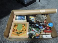 A box of mixed vintage Toys including reproduction Tin Plate Elephant riding Trike with Ball,