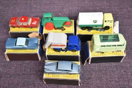 Seven Lesney Matchbox Series diecasts, 1965 boxes, 1 Diesel Road Roller, 15 Refuse Truck, 25 BP