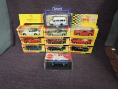 Eight Shell Sportscar Collection diecasts and a Hornby SA Bridge Street Wagon and two similar