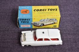A Corgi Toys diecast, 419 Ford Zephyr Motorway Patrol in white with red interior, Police decals