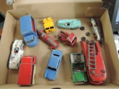 Ten Dinky and similar playworn diecasts including Mercedes Benz and Jaguar Type D Racing Cars etc