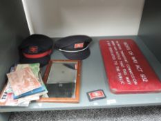 A shelf of Railway related items including Right of Way Act 1932 Enamel Sign, BR Mirror and Caps,