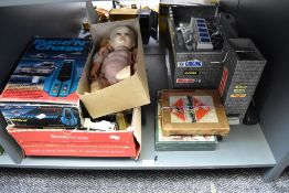 A shelf of vintage Toys and Games including Bambino Race & Chase Electronic Game, Finnish plastic