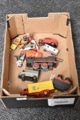 A small box of playworn diecasts incuding Dinky Heinz 57 Van, Fire Engine, Citroen 1200K Van etc
