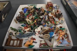 A colection of Timpo, Britains and similar plastic Wild West, Medievel figures, horses, Stage