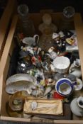 A mixed box of vintage items including Military figurines, animal studies, Gang/Bigg Bookends, two