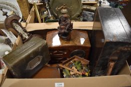 A selection of wooden items including boxes, a Buddha figure, a barometer, cuckoo clock and a wood