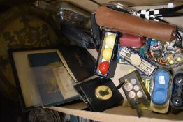 An assorted box of vintage items including Opera Glasses, a ship in a bottle, also a Jim Pike Dart