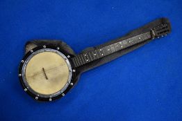A Windsor Eclipse model 10 banjo (5 string but only 4 currently present) in denim style case