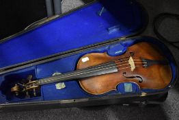 A traditional violin, probably 19th Century , having 14 inch one piece back, stamped Stainer , in