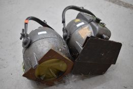 A pair of vintage Strand stage lights (sold as decorative, with wire trimmed, would need rewire