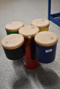 A set of five Remo pretuned bongo drums, with pair of beaters