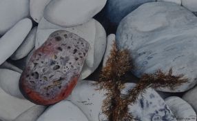J Kapoepa (Greek/Cypriot 20th century) watercolours, coastal rock study, signed lower right and