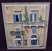 A modern Italian cast composite diorama, Venitian building facade, framed, marked Antonio Moli