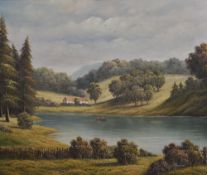 P Wilson (British Contemporary) oil on canvas, single fishing boat within a river landscape,