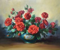 Wilf Walker (British 20th century) oil on board, still life study depicting a vase of shrub roses,