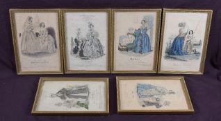 A set of six late 19th century coloured French fashion prints, each within Hogarth type frames, 18cm
