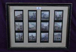 An early 20th century framed set of twelve views of London, four mounted strips of three views,