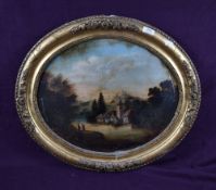 An early 20th century reverse painted glass panel, of oval form depicting romanticised river