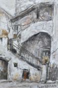 An interesting 20th century Italian impasto oil on board, exterior staircase, indistinctly signed