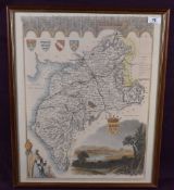 After Thomas Moule (1784-1851) a reproduction colour print, a map of Cumberland, framed and