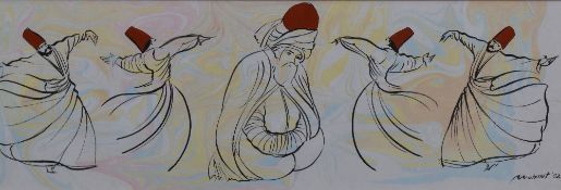 Mahinut (20th century) ink on marbled paper, male Ottoman dancers, signed lower right and dated