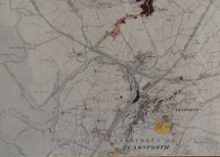 A Hand-tinted Ordinance Survey map, Carnforth and the surrounding area, c1919, within a gilt