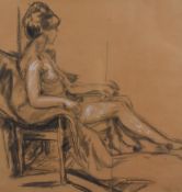 John Clare (British 20th century) charcoal and chalk study, seated female nude, signed in pencil