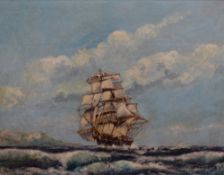 G H Macarthy (contemporary) oil on board, depicting a masted ship at sea, signed at bottom right