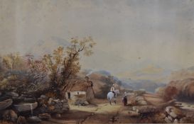 A 19th century Lake District scene watercolour, a quiet rural road with figures, unsigned, within