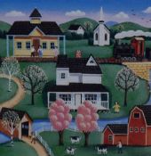 A modernist rural scene coloured print, within card mount and gilt frame, under glass 20cm x 20cm