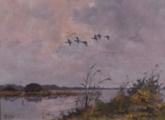 George Stevens (British 20th century) oil on canvas laid down on board, estuary scene with ducks
