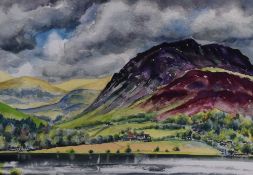 Anthea Kaan (contemporary) watercolours, entitled 'Heather on Glenridding Dodd' label with