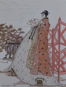 M.J Smeaton (contemporary) ink and watercolour, study of a Geisha with flowing kimono and holding