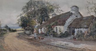 Joseph Hughes Clayton (British, 1870-1930) watercolour, depicting a woman feeding chickens by a