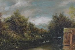 A 20th century river scene watercolour, with swans, unsigned, mounted framed and glazed 17cm x
